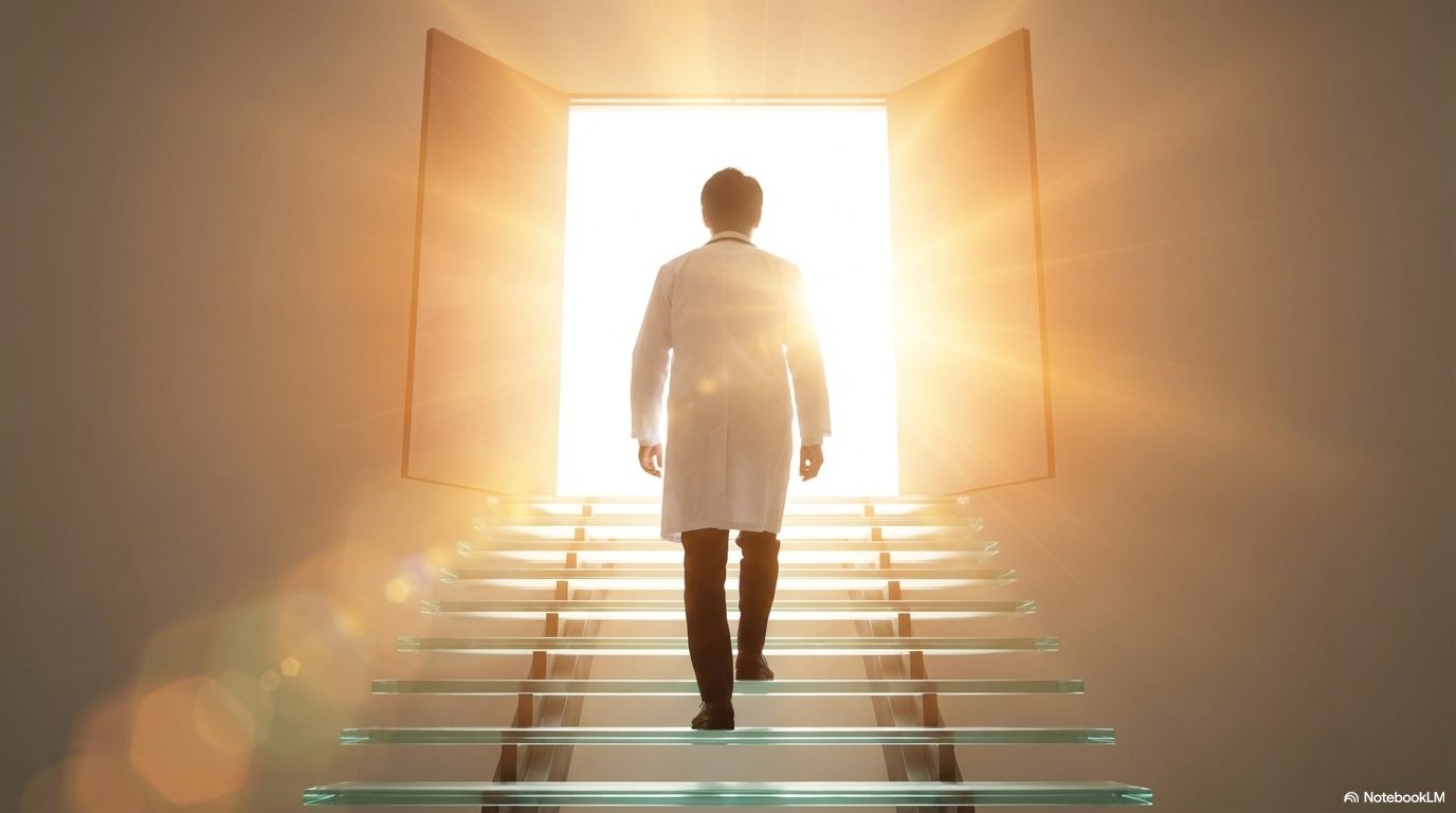ガラスの階段を上り、黄金の光が溢れる開かれた大きな扉へと向かって歩く白衣の男性。