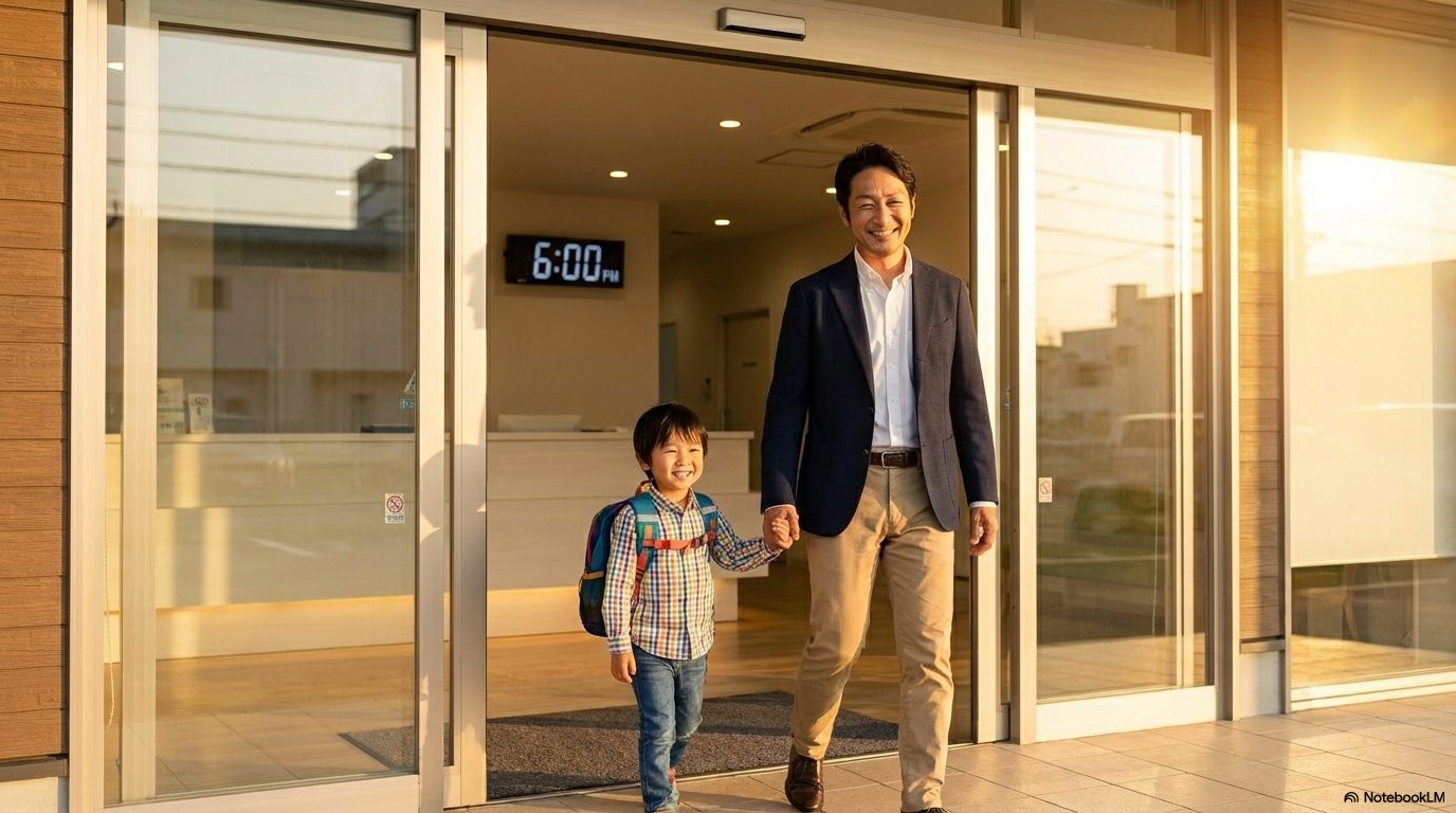 夕方6時に仕事を終え、笑顔で幼い息子の手を引きながら帰宅する医師。
