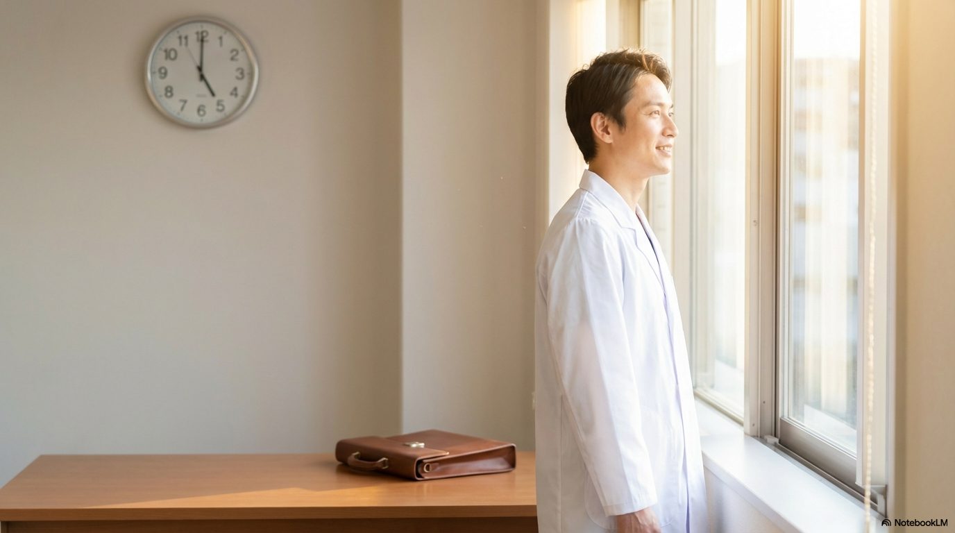 午後5時を指す時計の下、穏やかな表情で窓の外を眺める医師。