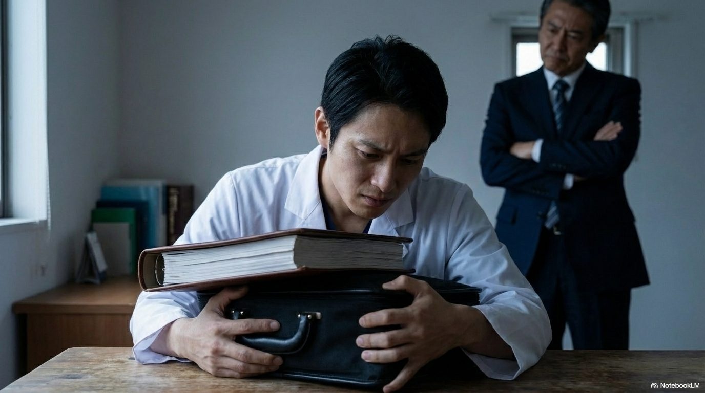上司の威圧的な視線にさらされながら、デスクで項垂れる医師。
