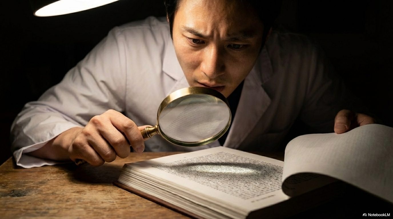 虫眼鏡を手に、暗い照明の下で分厚い書籍の細かい記述を読み込む医師。