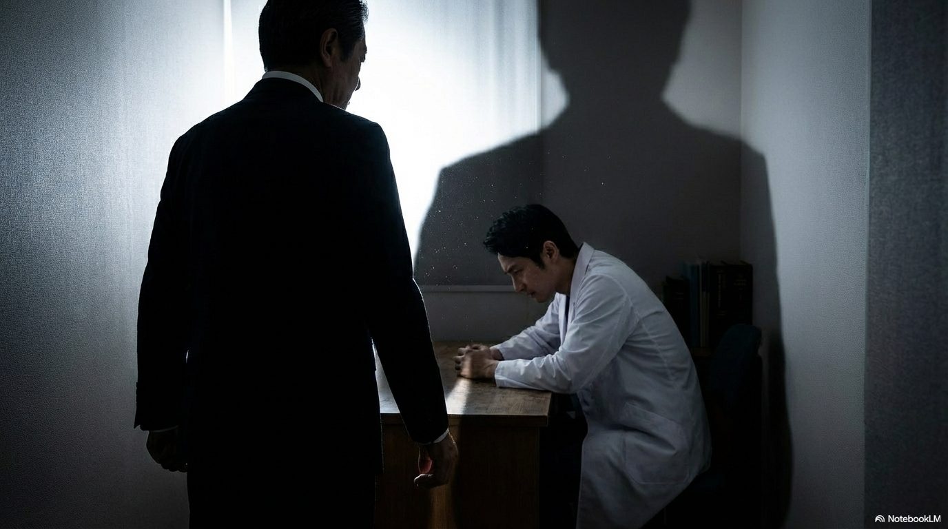 取調室のような暗い部屋で、背後の男の巨大な影に圧倒されながら座る医師。
