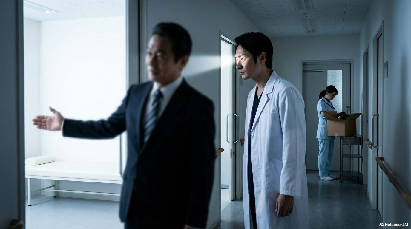 病院の廊下で上司が病室を指差し指示を出す中、不信感を募らせる医師。