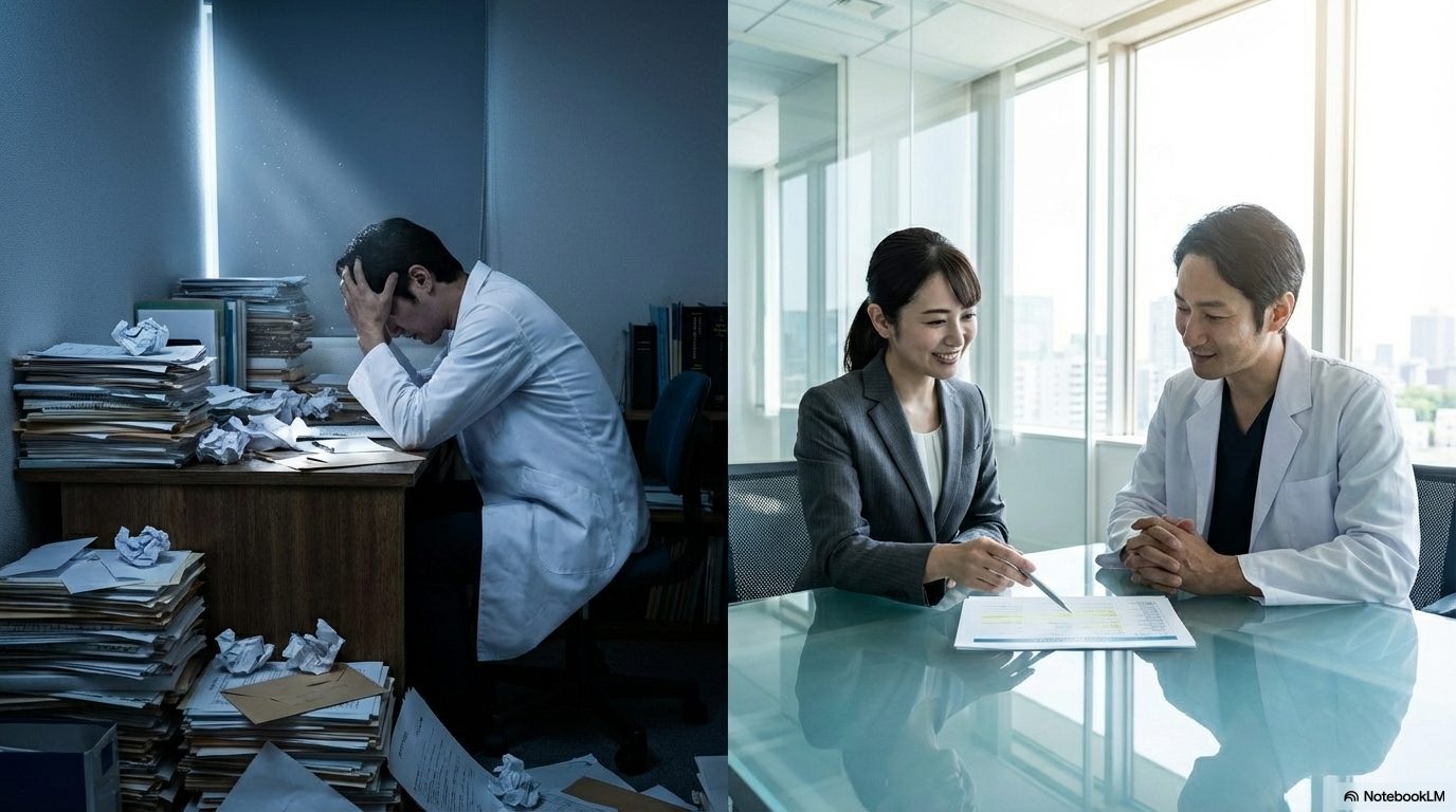 過酷な労働に追われる過去と、改善された明るい現在の状況を対比した画像。