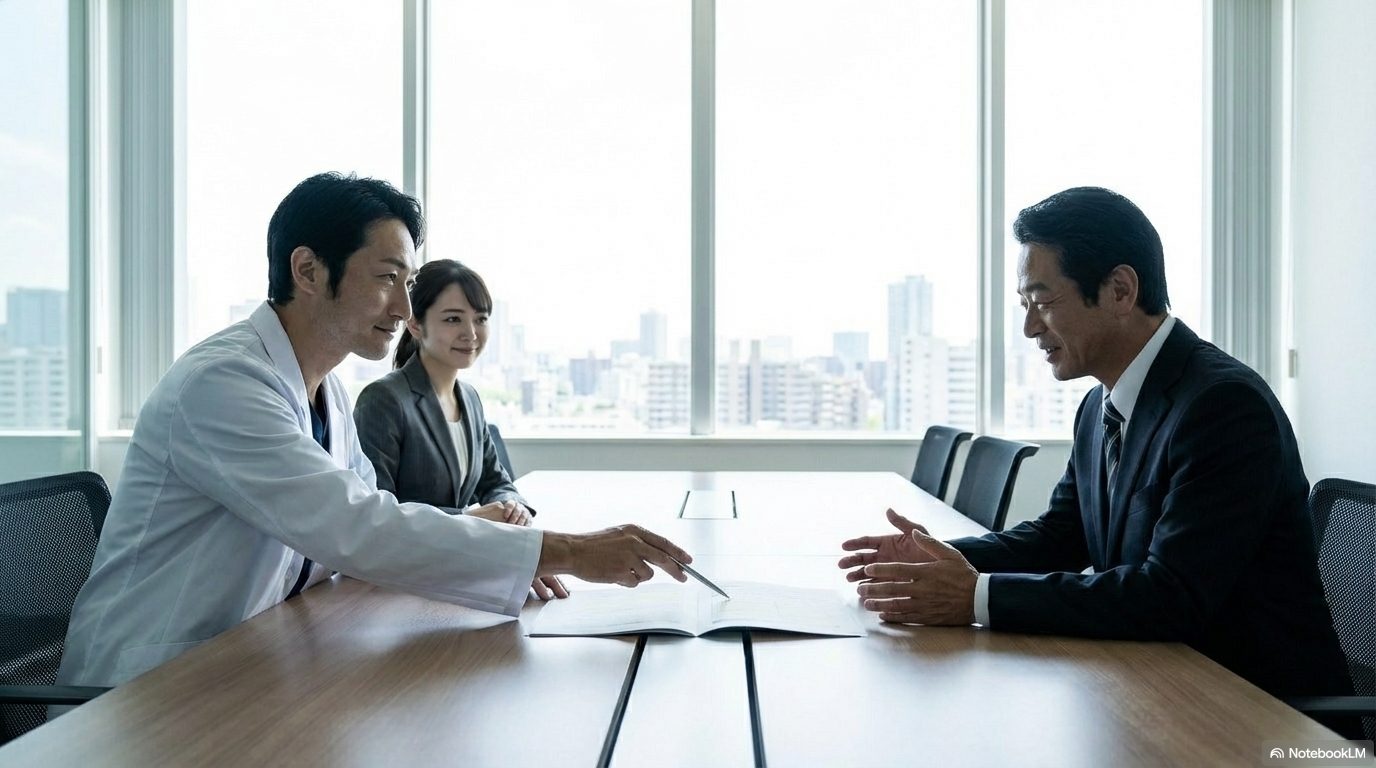 明るい会議室でコンサルタントを伴い、上司と対等に改善案を協議する医師。