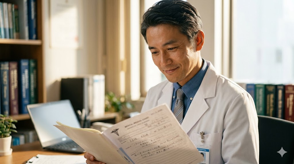 静かな医局でカルテを自信に満ちた表情で見つめる、白衣を着た40代の日本人男性精神科医。