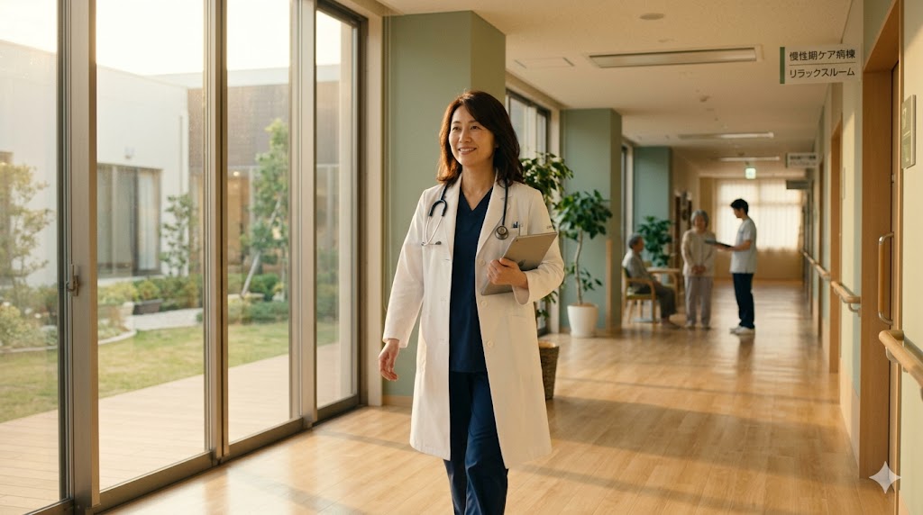 陽光が差し込む明るい療養型精神科病院の廊下を、穏やかな笑顔で歩く40代の日本人女性精神科医。