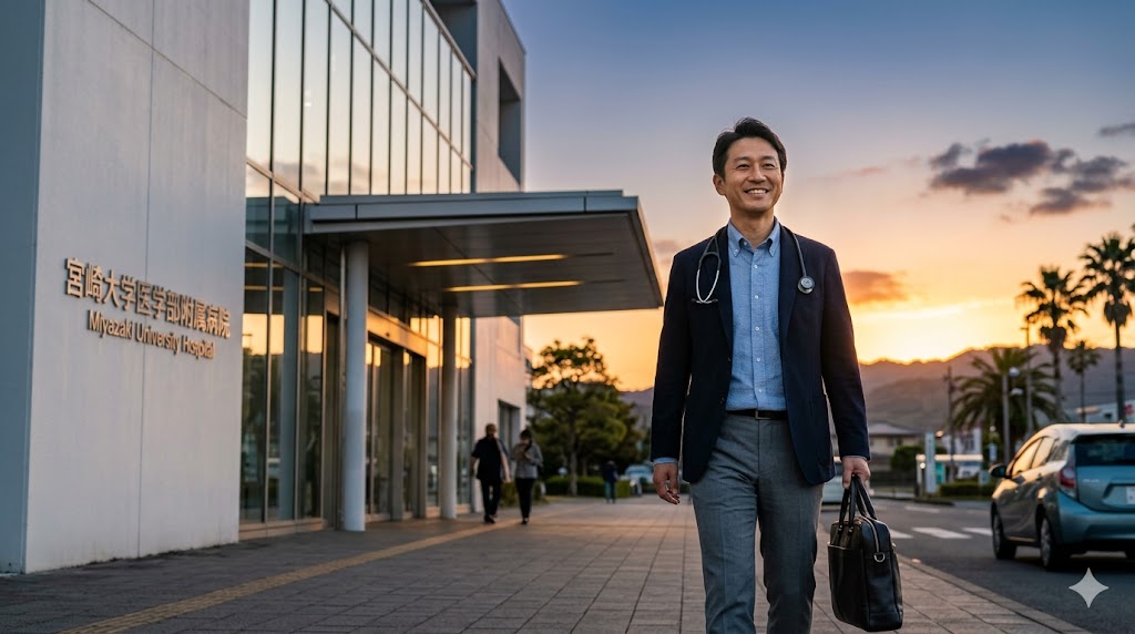 夕暮れ時、現代的な病院の建物を後にする、充実した表情の40代日本人男性精神科医。