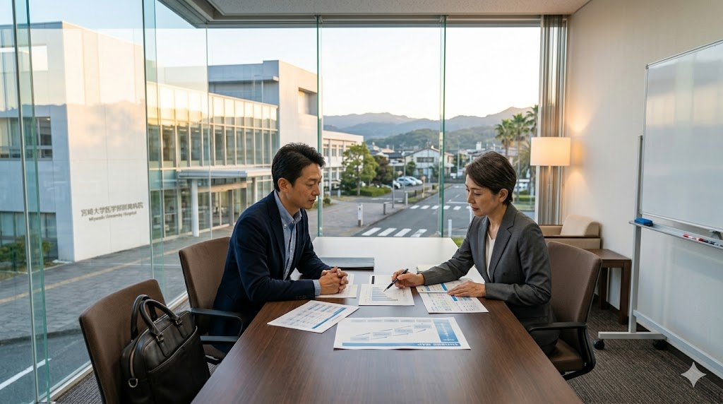 洗練されたガラス張りの会議室で、キャリアアドバイザーと真剣に転職戦略を練る40代の日本人男性精神科医。