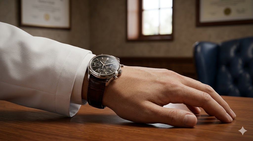 清潔な白衣の袖口から覗く、洗練された高級機械式腕時計。背景には上品なプライベート精神科クリニックの様子がぼやけて映る。