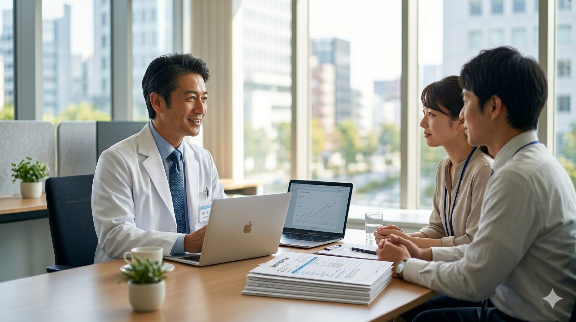 明るい企業の会議室で、白衣にビジネススーツを合わせた40代の日本人男性医師が、社員と和やかに面談している様子。テーブルにはノートパソコンと健康診断書。