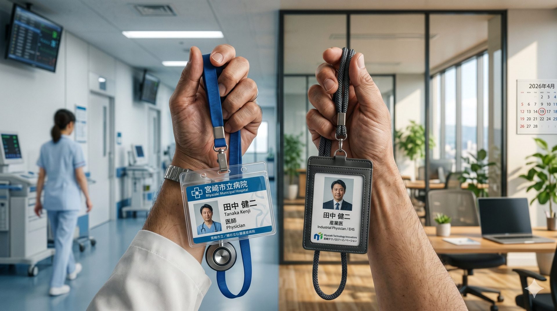 日本人医師の手元。病院のネックストラップと一般企業のIDカードの2つを持っている。背景は医療現場とオフィスの景色が半分ずつぼけて映っている概念画像。