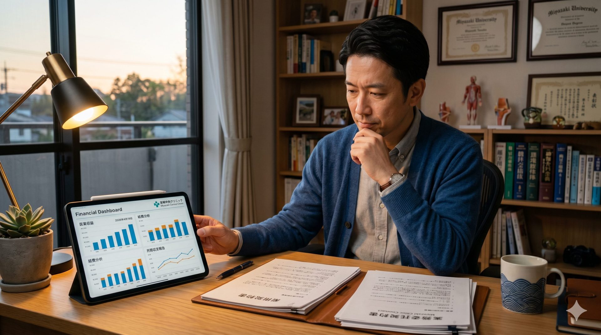 清潔な自宅のデスクで、複数の契約書類とタブレットの財務ダッシュボードを確認する40代の日本人男性医師。リラックスしつつも集中している表情。