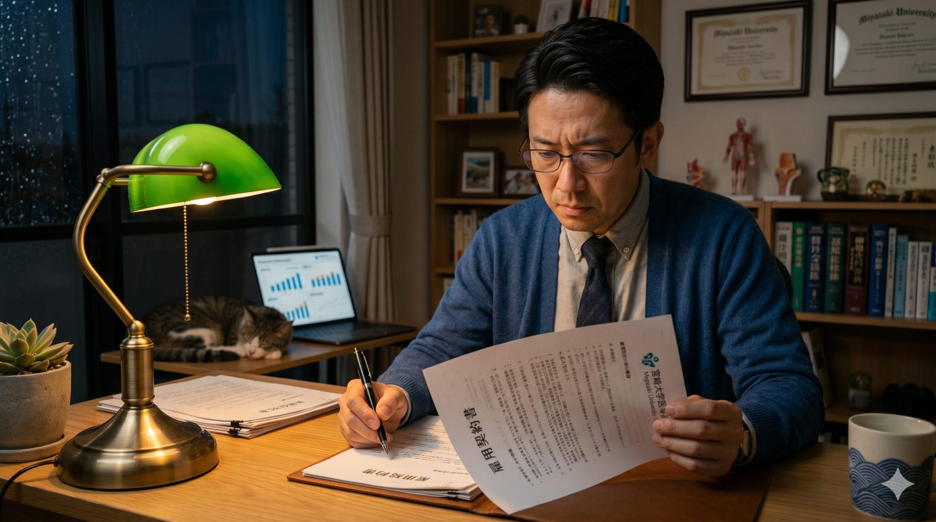 デスクランプの光の下、少し険しい表情で契約書を細部まで注意深く確認する40代の日本人男性医師。静かで真剣な雰囲気の写真。