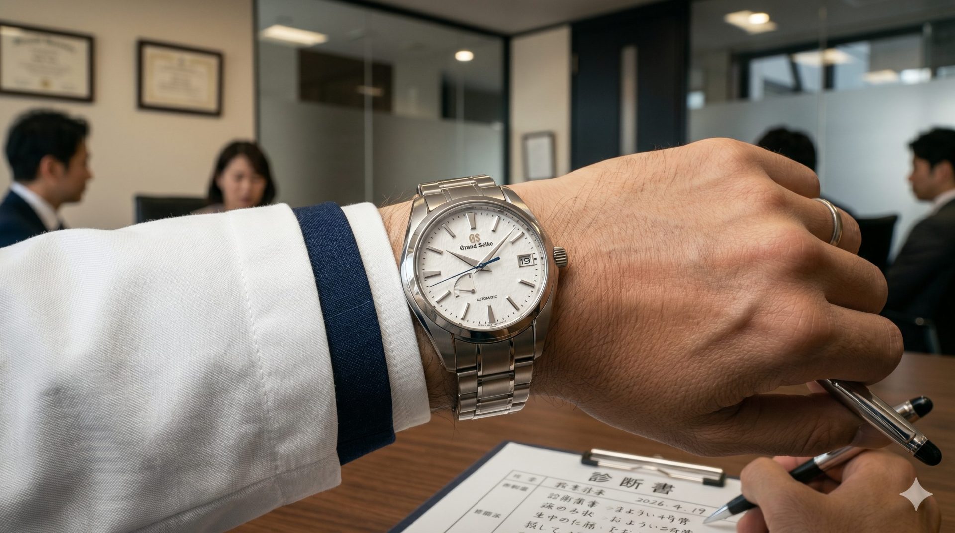 上質なスーツの上に清潔な白衣を着た医師の腕元。洗練された高級機械式腕時計が光る。背景には企業の役員会議室がぼやけて映る。