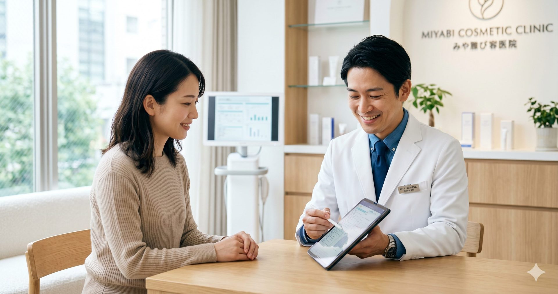 美容外科医は医者じゃないのか？白衣を着た日本人医師がクリニックで患者にカウンセリングをしている場面