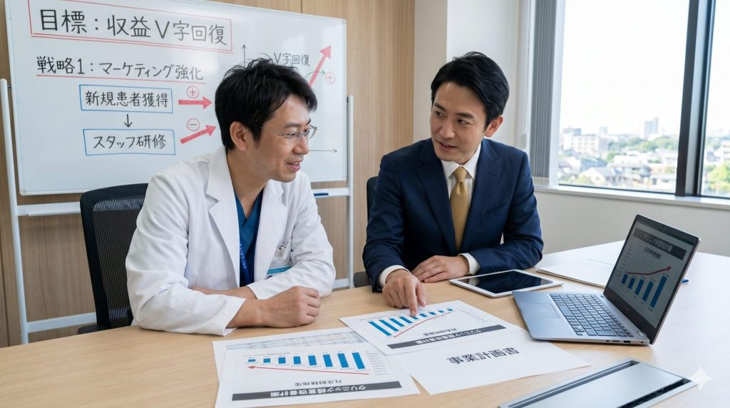開業前に転職エージェントや経営コンサルに相談する医師のイメージ