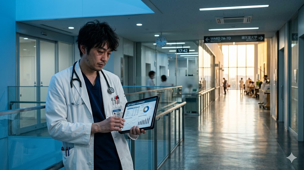 大学病院の広大な廊下で、タブレットの財務データを見つめながらたたずむ疲労した様子の30代日本人男性医師。