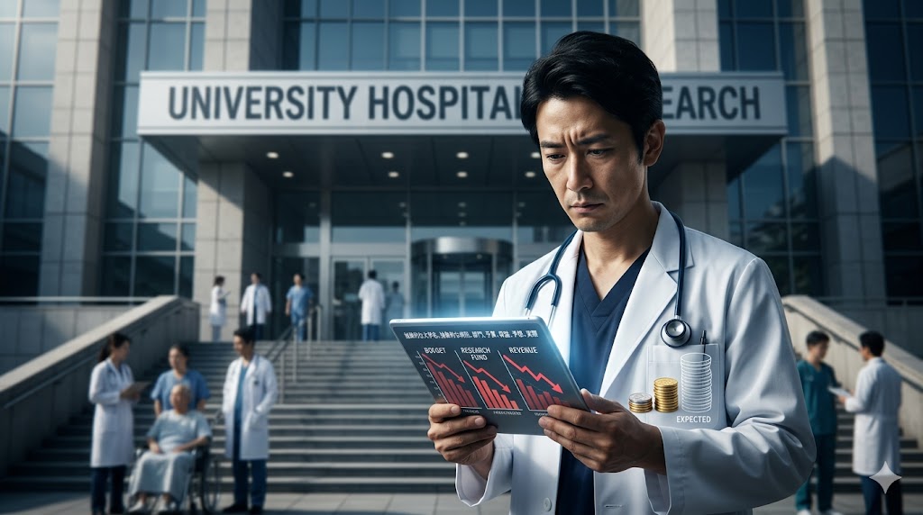 巨大な大学病院の建物を背に、手元のタブレットで少ない報酬や厳しい財務データを見つめる30代の日本人男性医師。