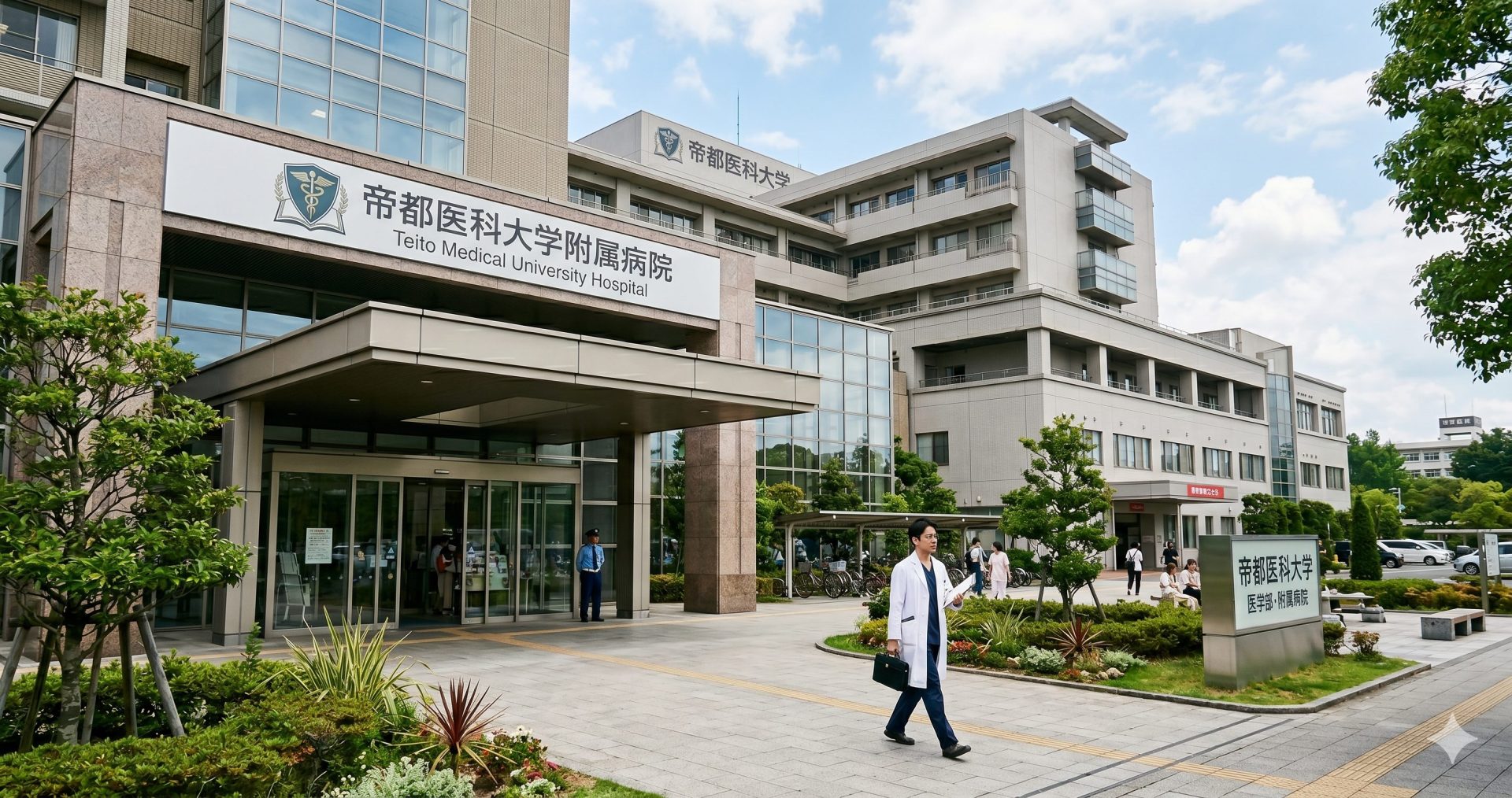 大学病院の外観と白衣の医師のイメージ