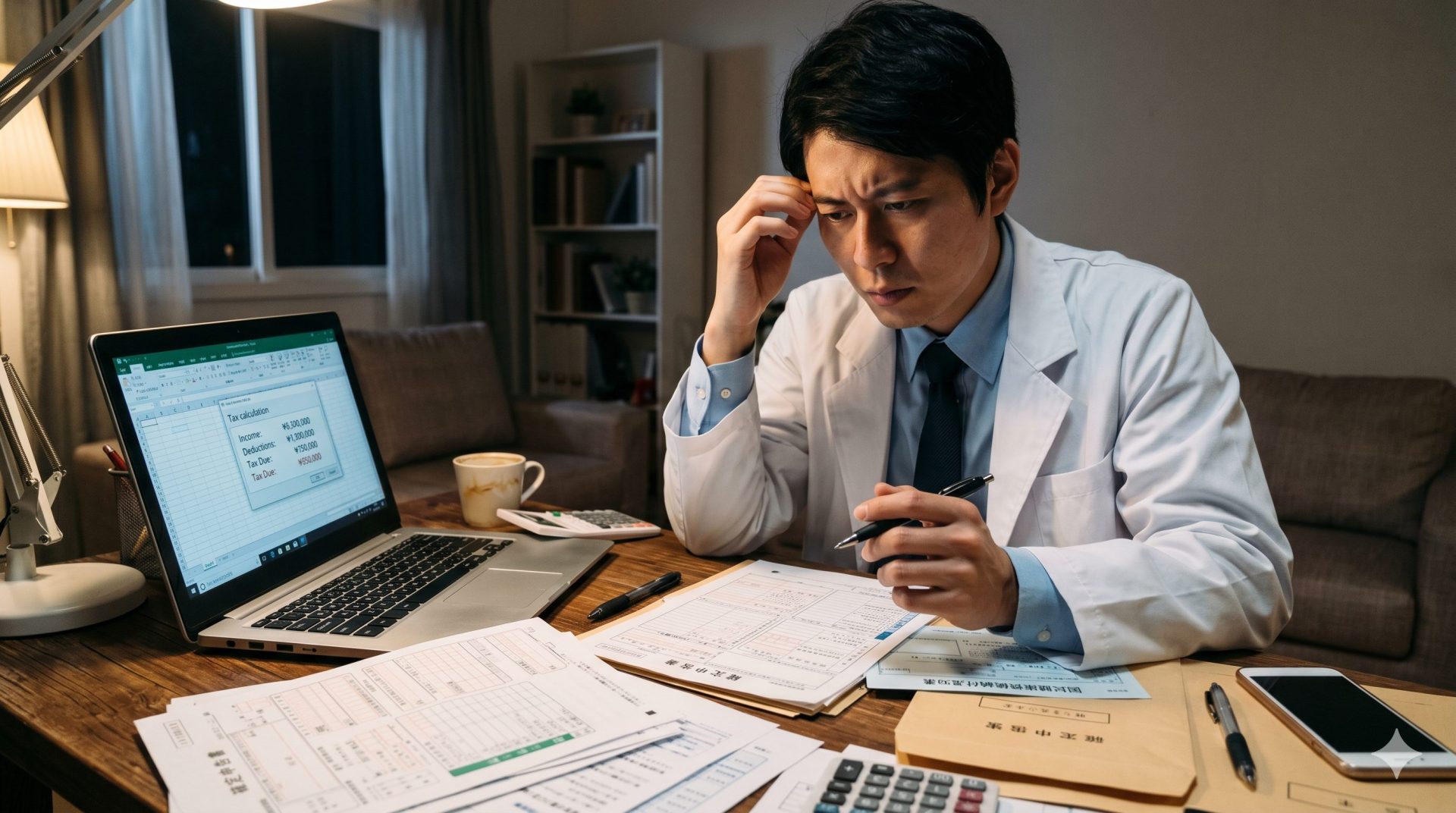 税金・社会保険の手続きに悩む医師のイメージ