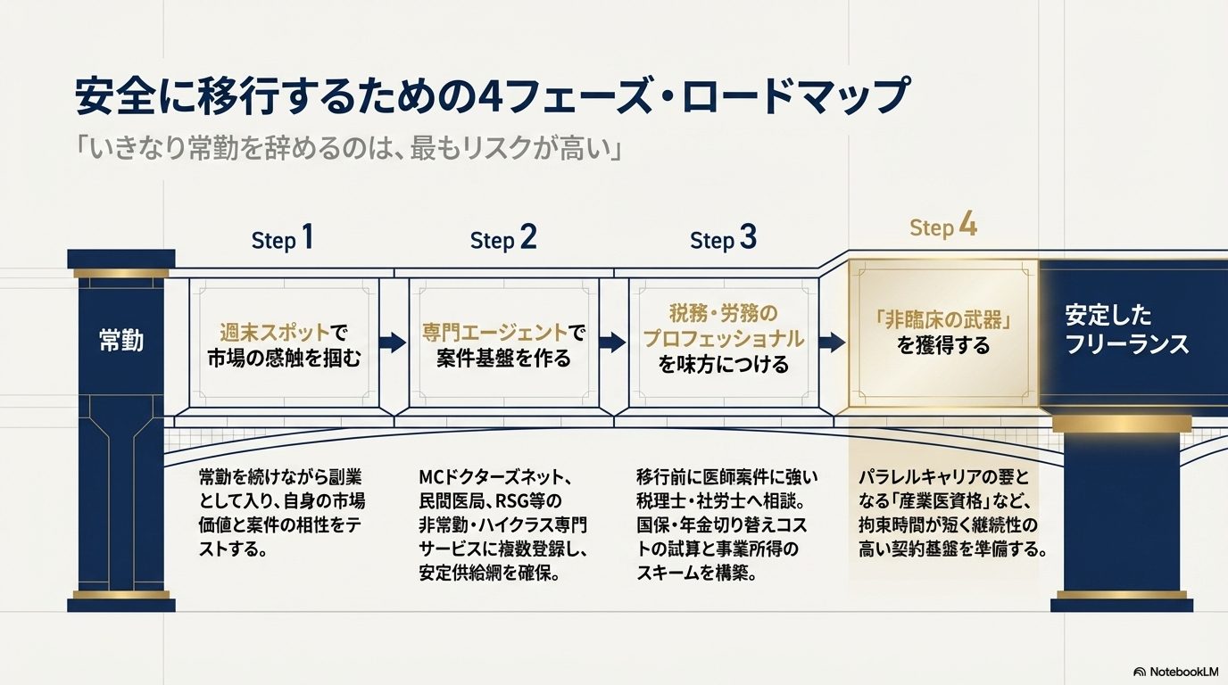 常勤から安定したフリーランスへ安全に移行するための、4つのステップを示したロードマップ。