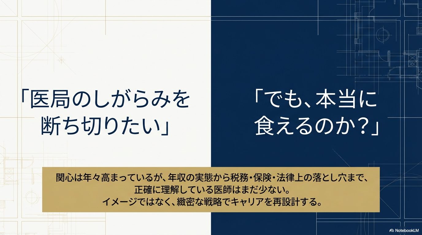 医局からの独立を考える医師の葛藤と、戦略的なキャリア再設計の必要性を説明するスライド。