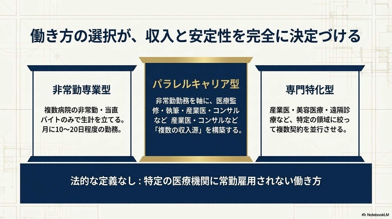 非常勤専業型、パラレルキャリア型、専門特化型の3つの働き方の選択肢とその定義を示す図解。