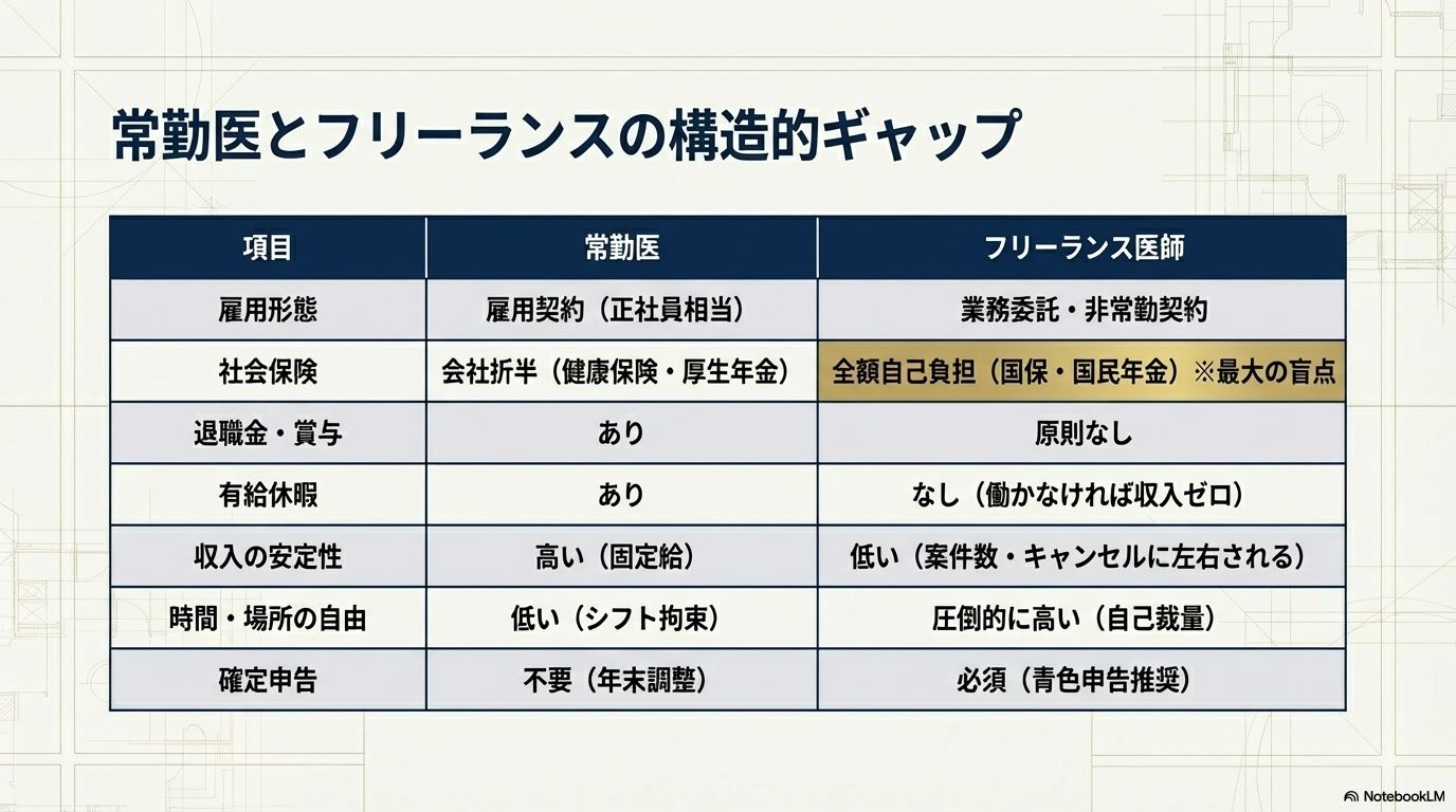 常勤医とフリーランス医師の雇用形態や社会保険、収入の安定性などの構造的ギャップを比較した表。