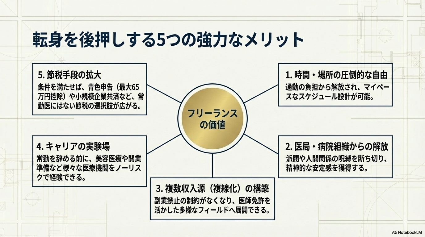 フリーランス医師に転身する5つのメリット（自由、解放、複数収入源、経験、節税）をまとめた図。