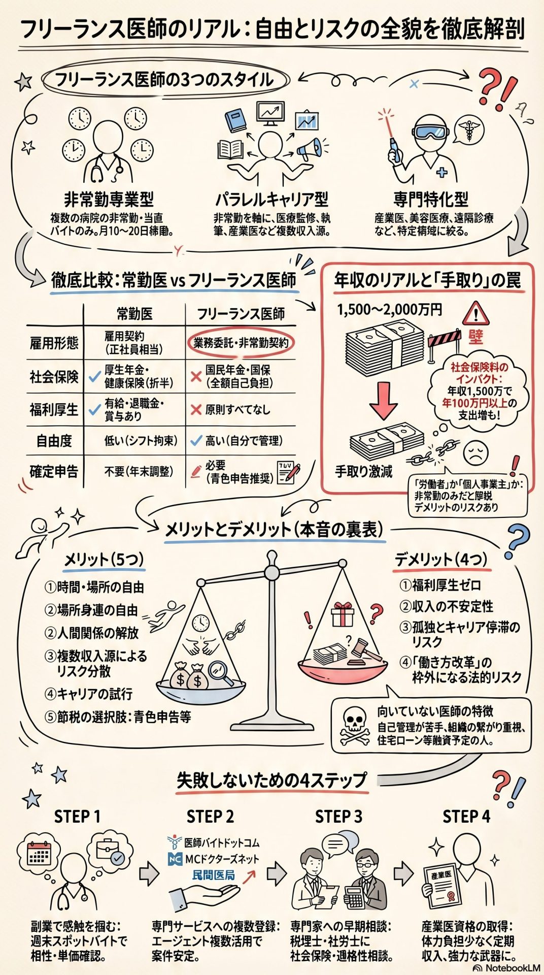 フリーランス医師の働き方の種類、常勤医との比較、メリット・デメリット、独立へのステップを解説する図解資料。