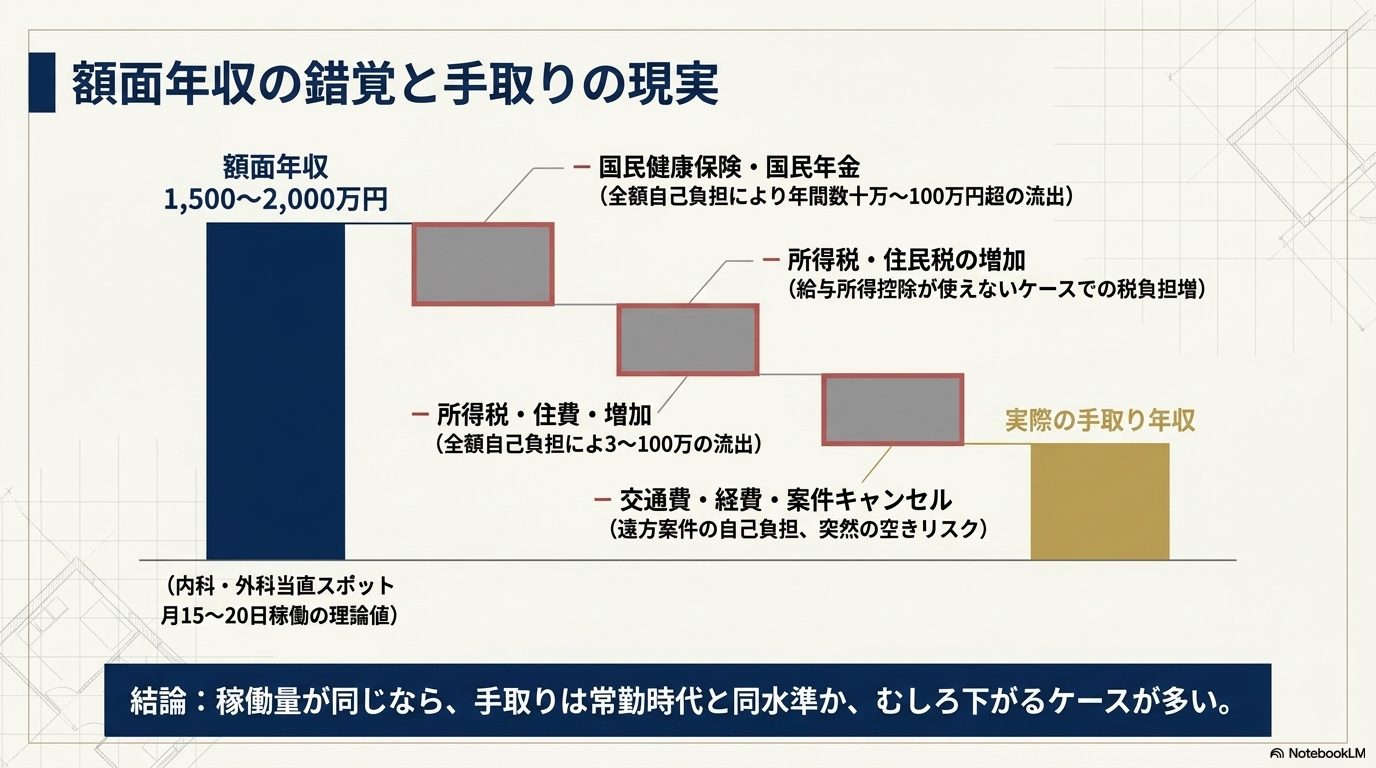 高い額面年収から社会保険料や税金、経費が差し引かれ、実際の手取りが減少する現実を示すグラフ。
