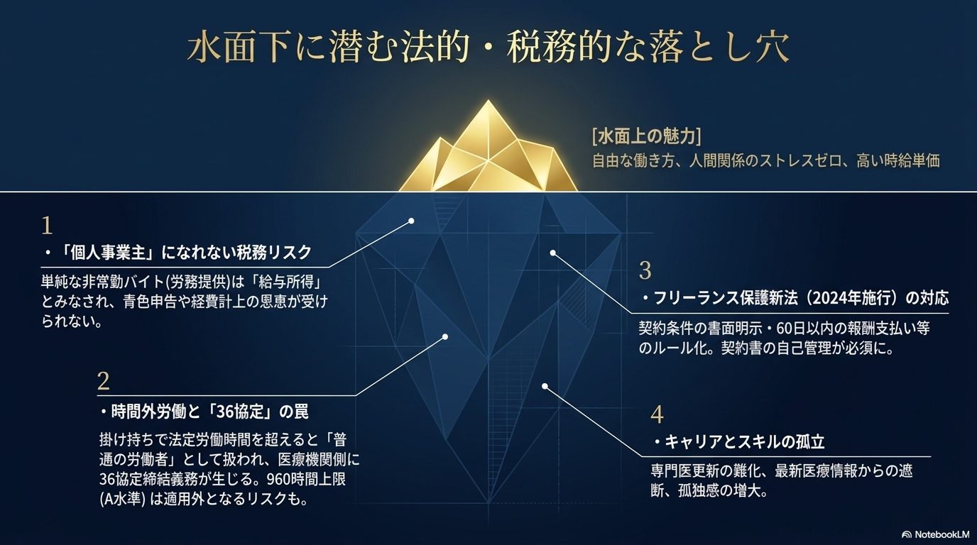 フリーランス医師の魅力が氷山の一角であり、水面下には法的・税務的なリスクが潜んでいることを示す図。
