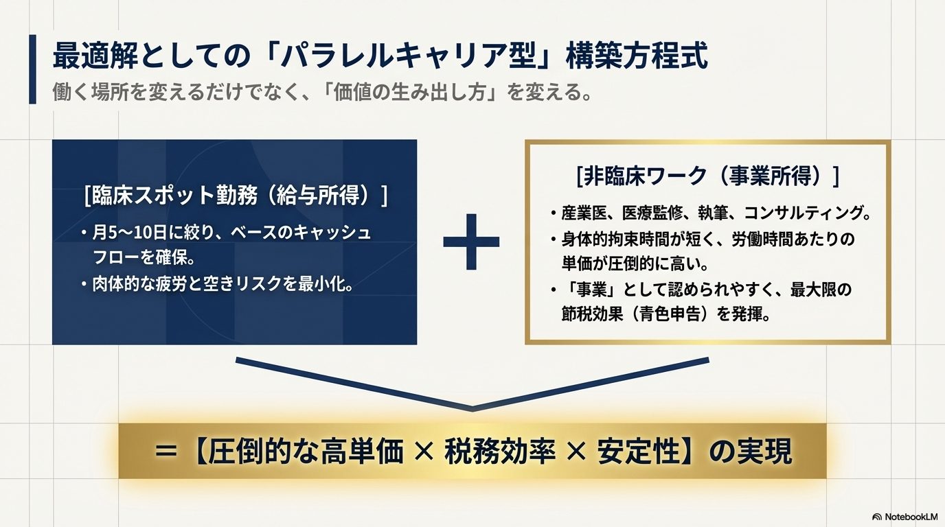 臨床スポット勤務と非臨床ワークを組み合わせることで、高単価、税務効率、安定性を実現する方程式。
