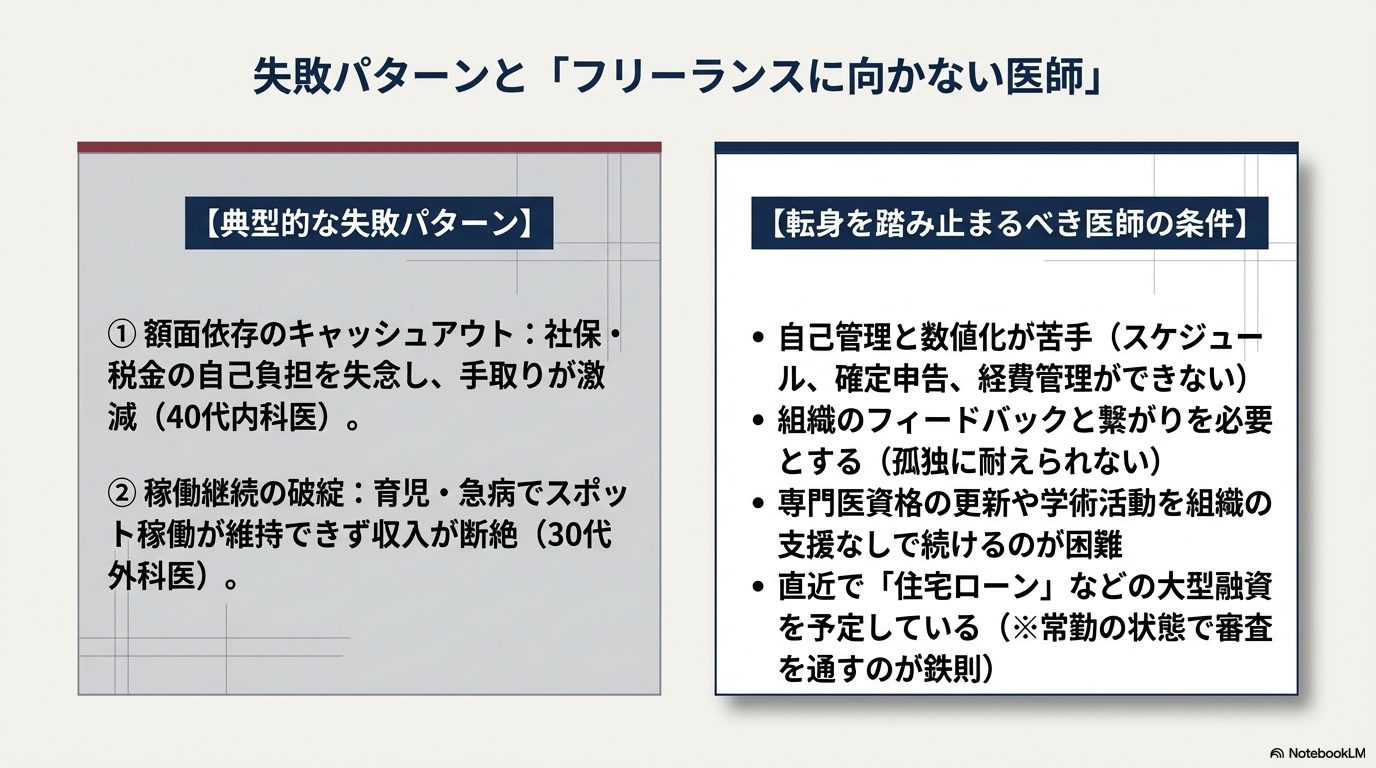 フリーランスへの転身における典型的な失敗例と、独立を思いとどまるべき医師の条件まとめ。