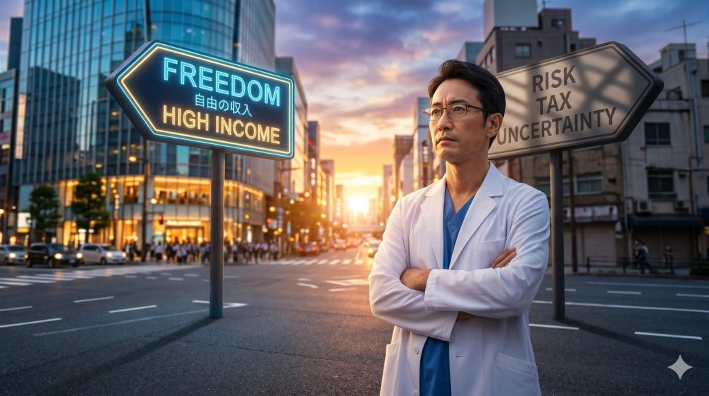 夕暮れの都会の交差点に立つ40代の日本人男性医師。「自由」「高年収」と書かれた光り輝く看板と、影に隠れた「リスク」「税金」という文字の分岐点に立つ。遠くを見つめる決意に満ちた表情。