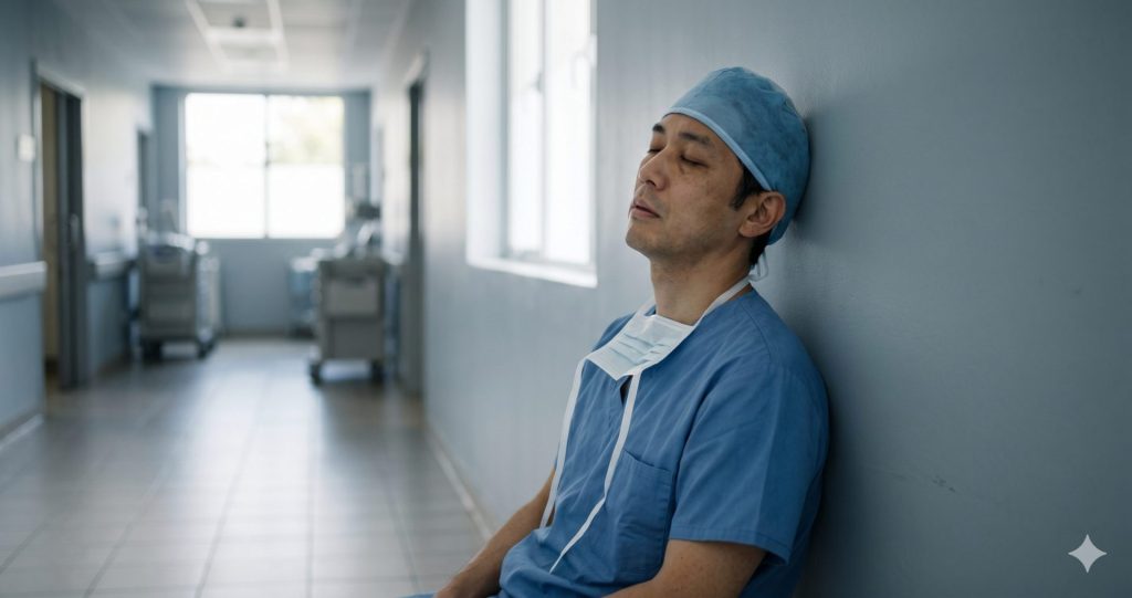 疲弊した外科医が手術室の廊下で壁にもたれて目を閉じている