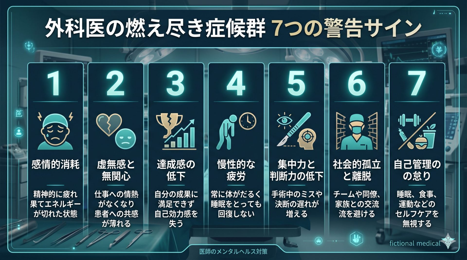 外科医のバーンアウト限界サイン7つを示すインフォグラフィック
