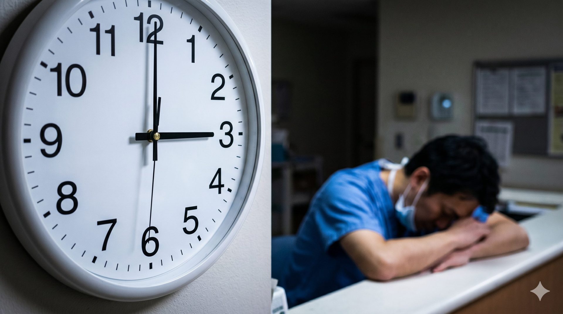 深夜3時、ナースステーションで疲れ果てて休息をとる外科医