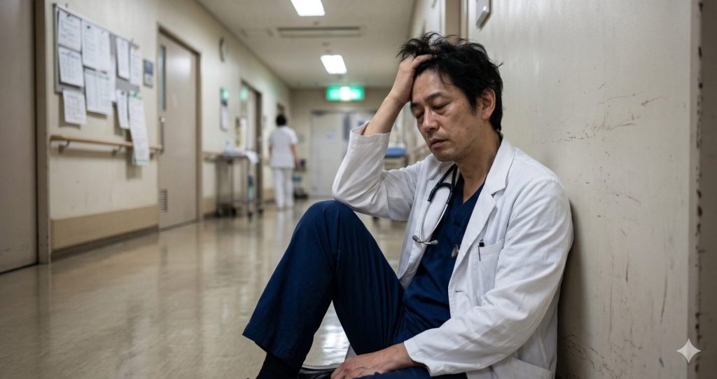 疲弊した表情で廊下に立つ外科医のイメージ