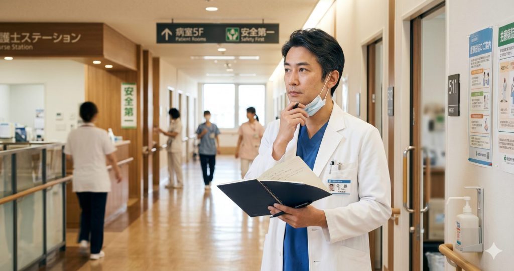 外科医が病院の廊下でノートを手にキャリアを考えている