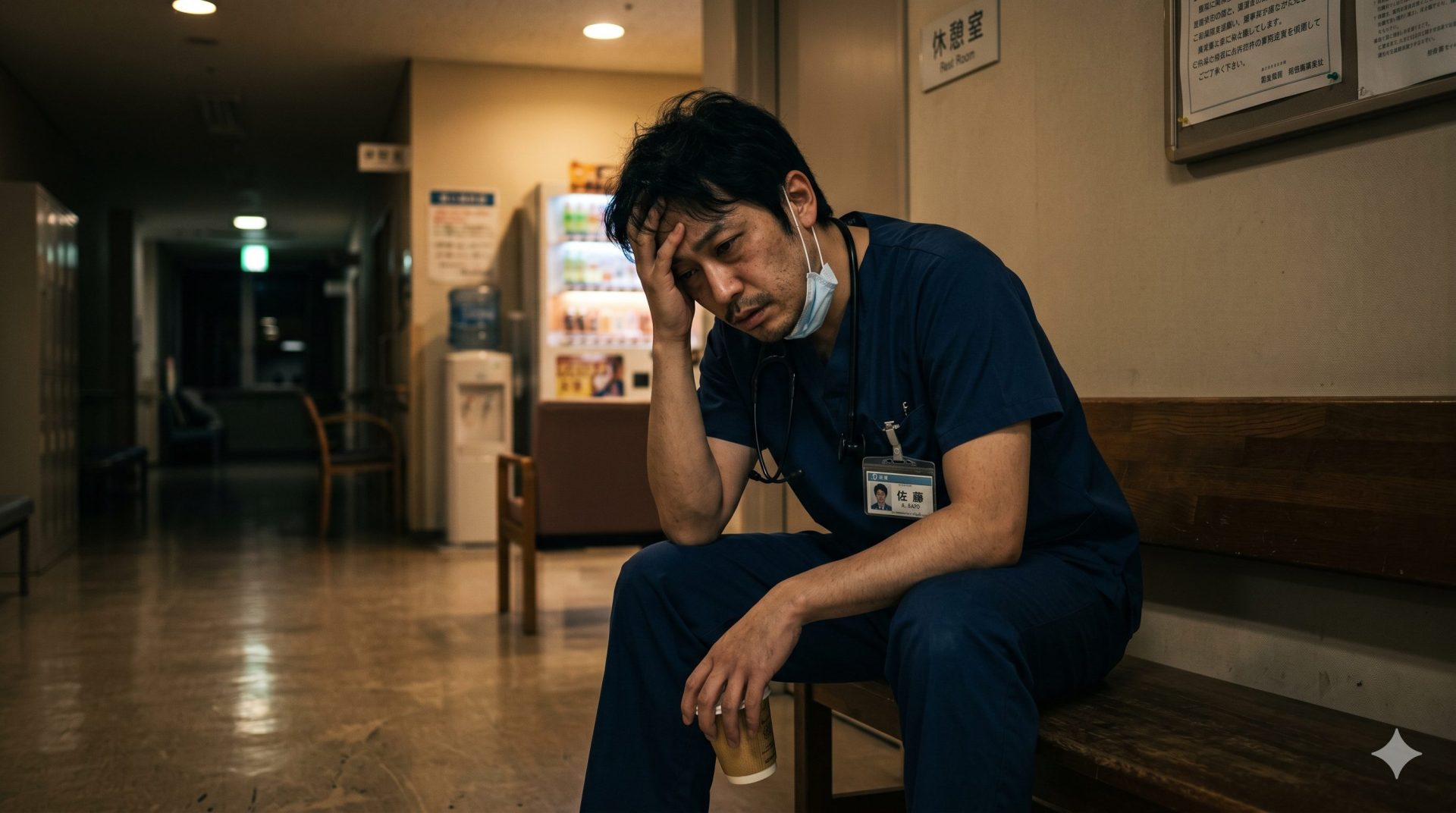 激務で疲れ果てた男性外科医