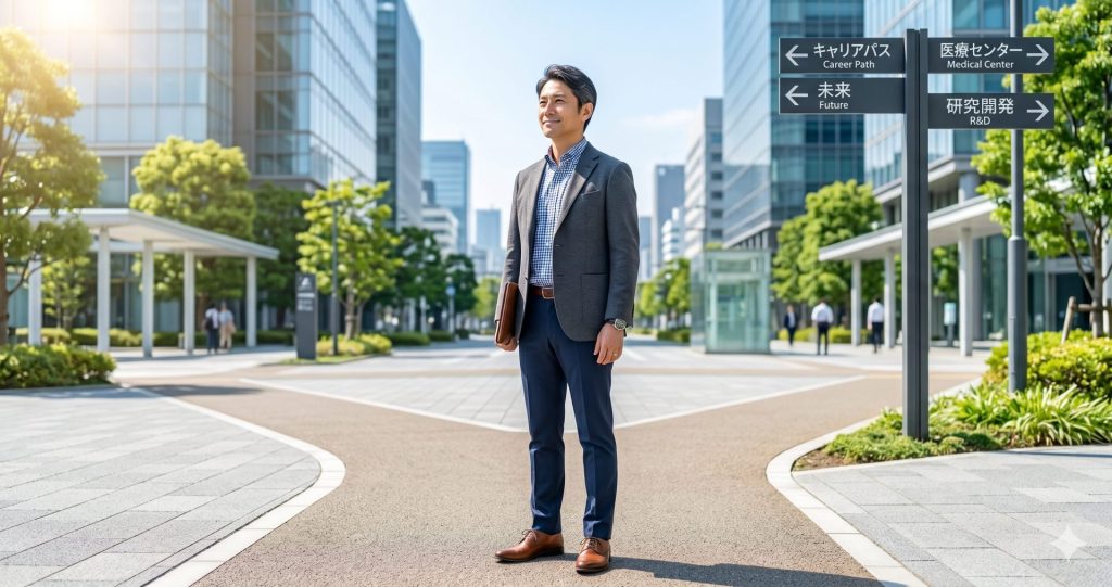 外科医が白衣を脱ぎ新しいキャリアへ踏み出すイメージ