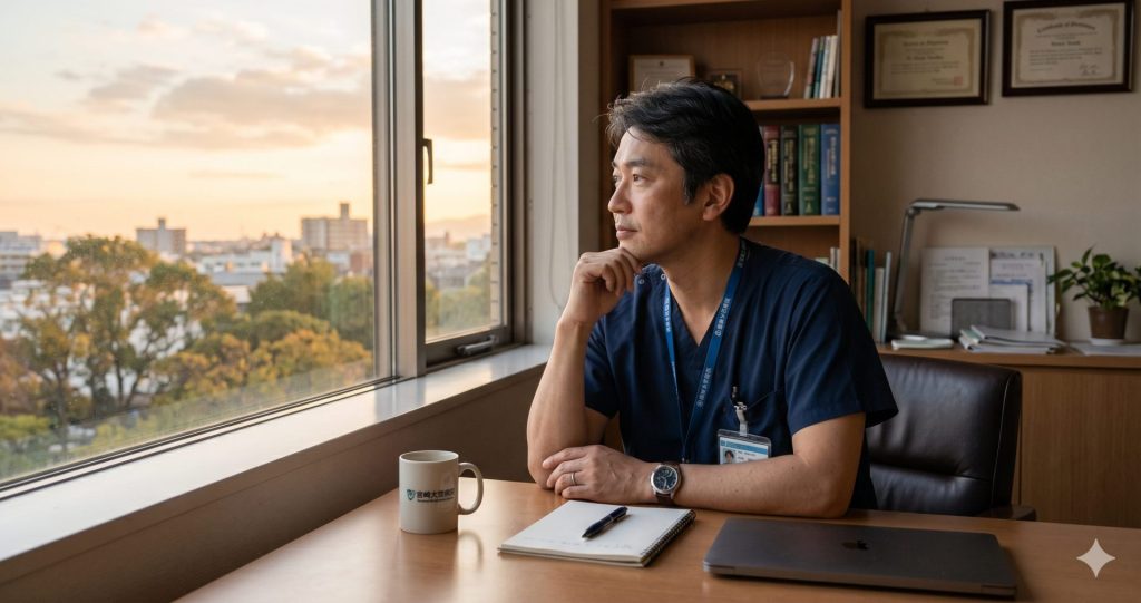 外科医が窓の外を見ながら転職後の未来について考えている
