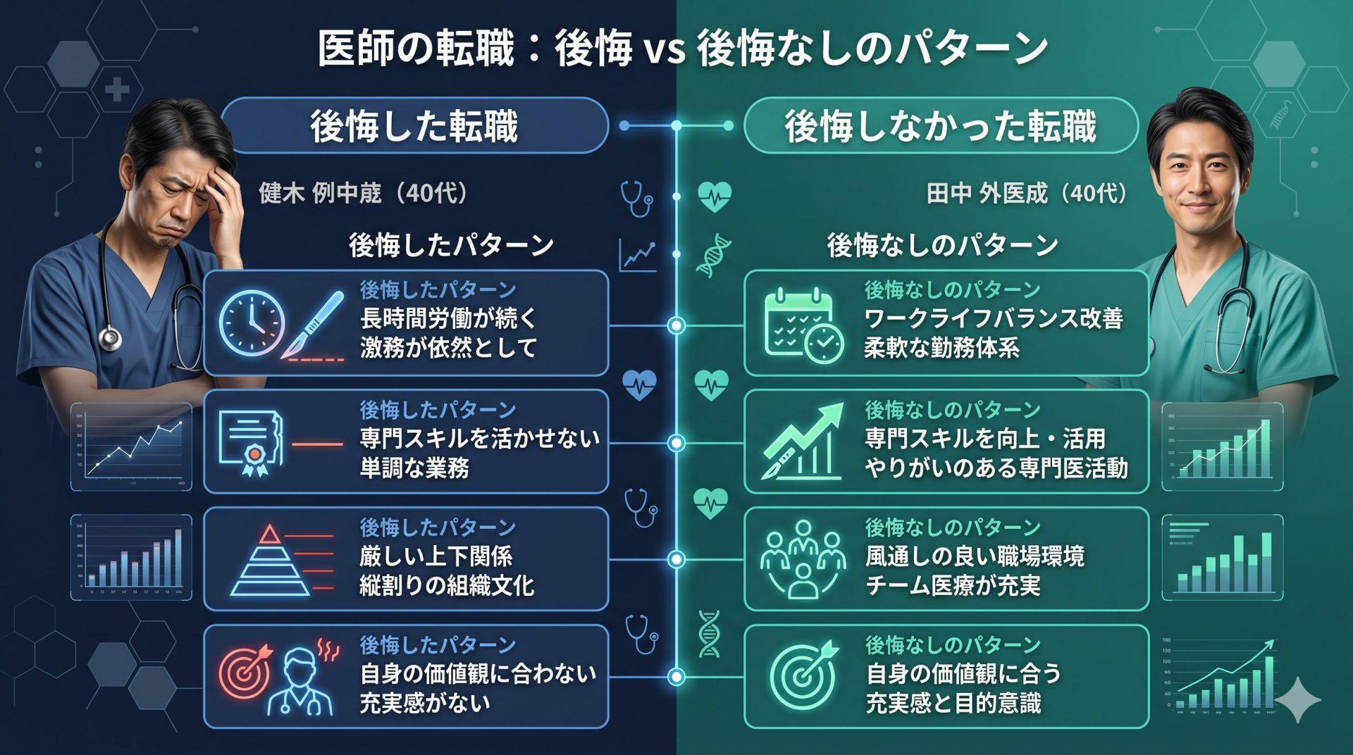 外科医の転職後の後悔パターンと後悔しなかった共通点を示すインフォグラフィック