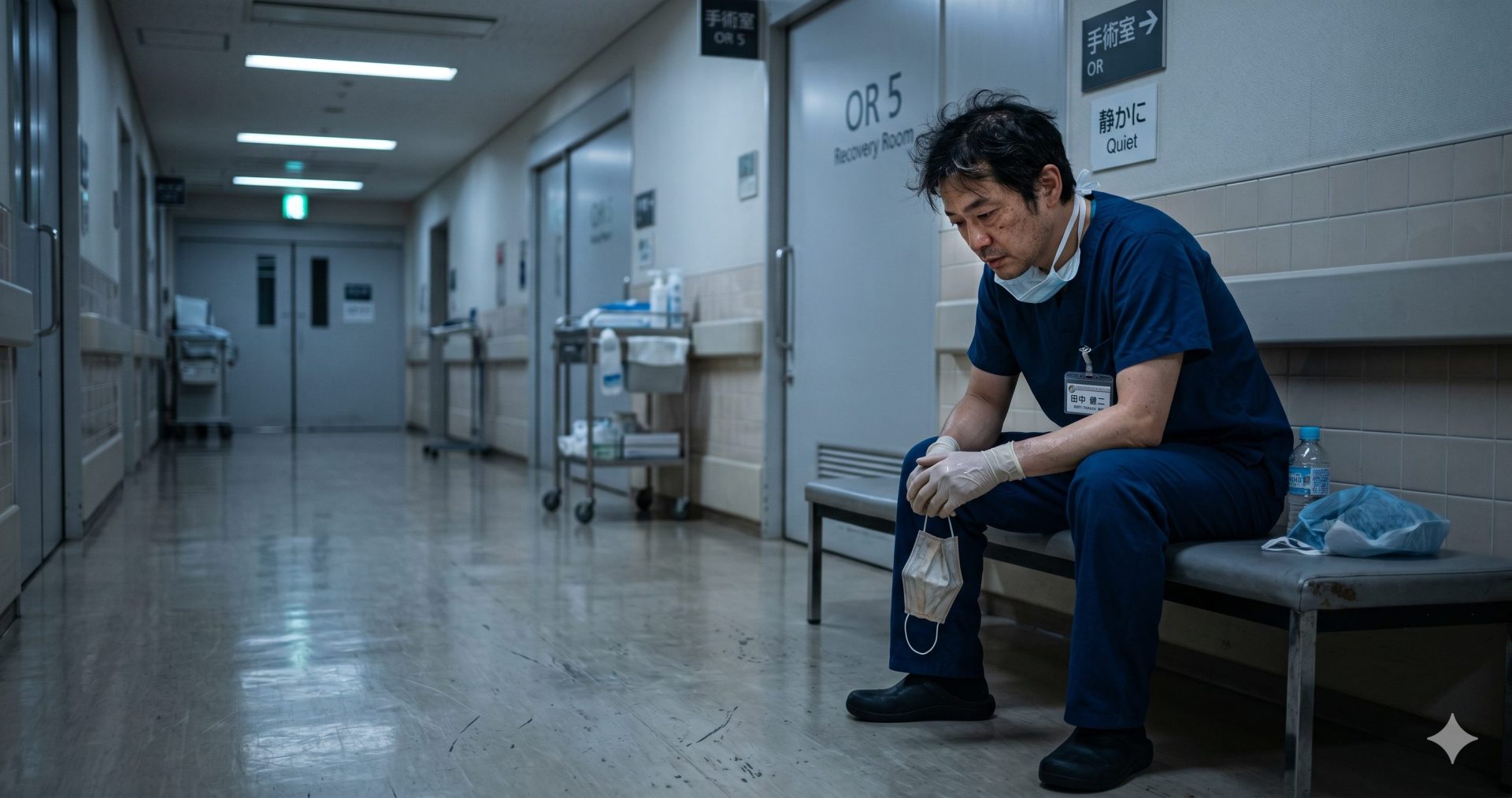 疲れ果てた外科医が手術後に廊下で一人考え込んでいる