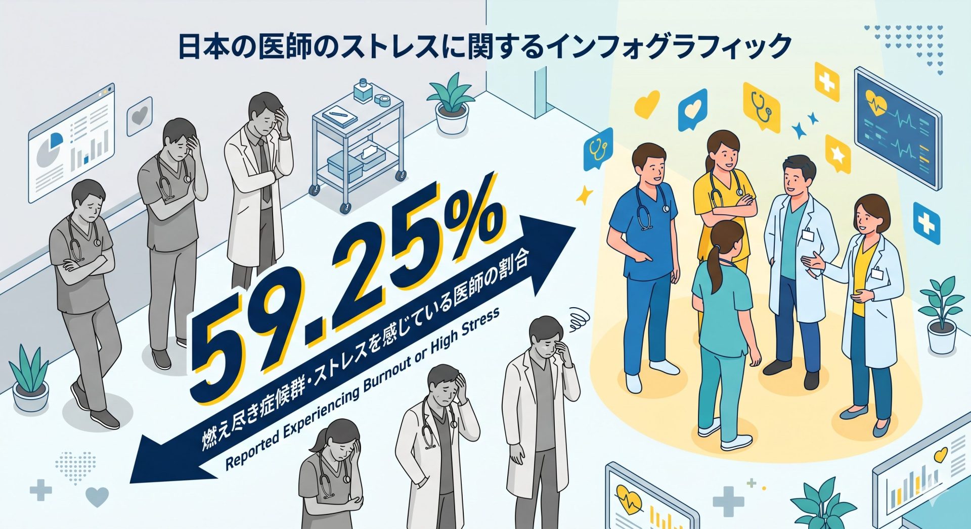 医師の約6割が「辞めたい」と感じた経験があることを示すインフォグラフィック