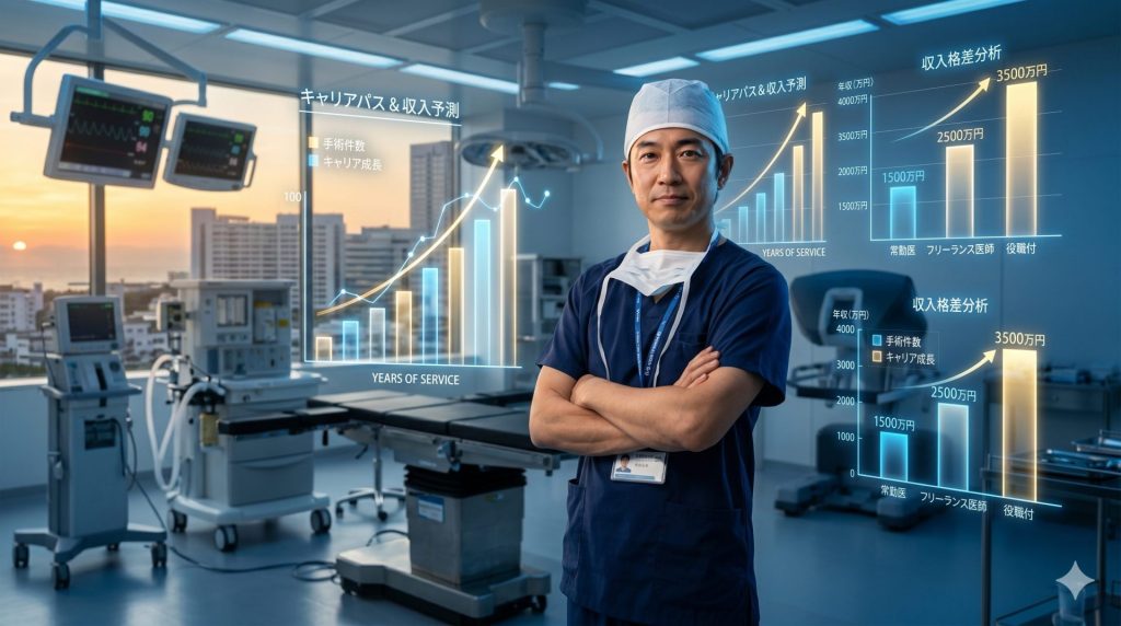 青いスクラブを着て腕を組んで立つ40代の日本人男性外科医の背景に、年収格差やキャリアアップを象徴する上昇トレンドのグラフが重なるプロフェッショナルな概念画像。