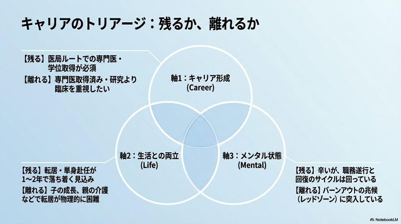 キャリア、生活、メンタルの3軸で、医局に残るか離れるかを判断する図。