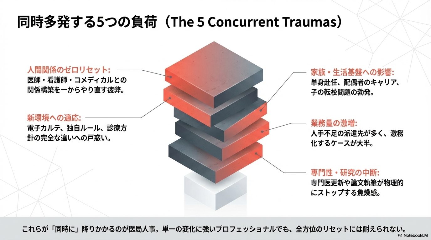 医局人事で同時多発する、人間関係や生活環境など5つの負荷の解説。
